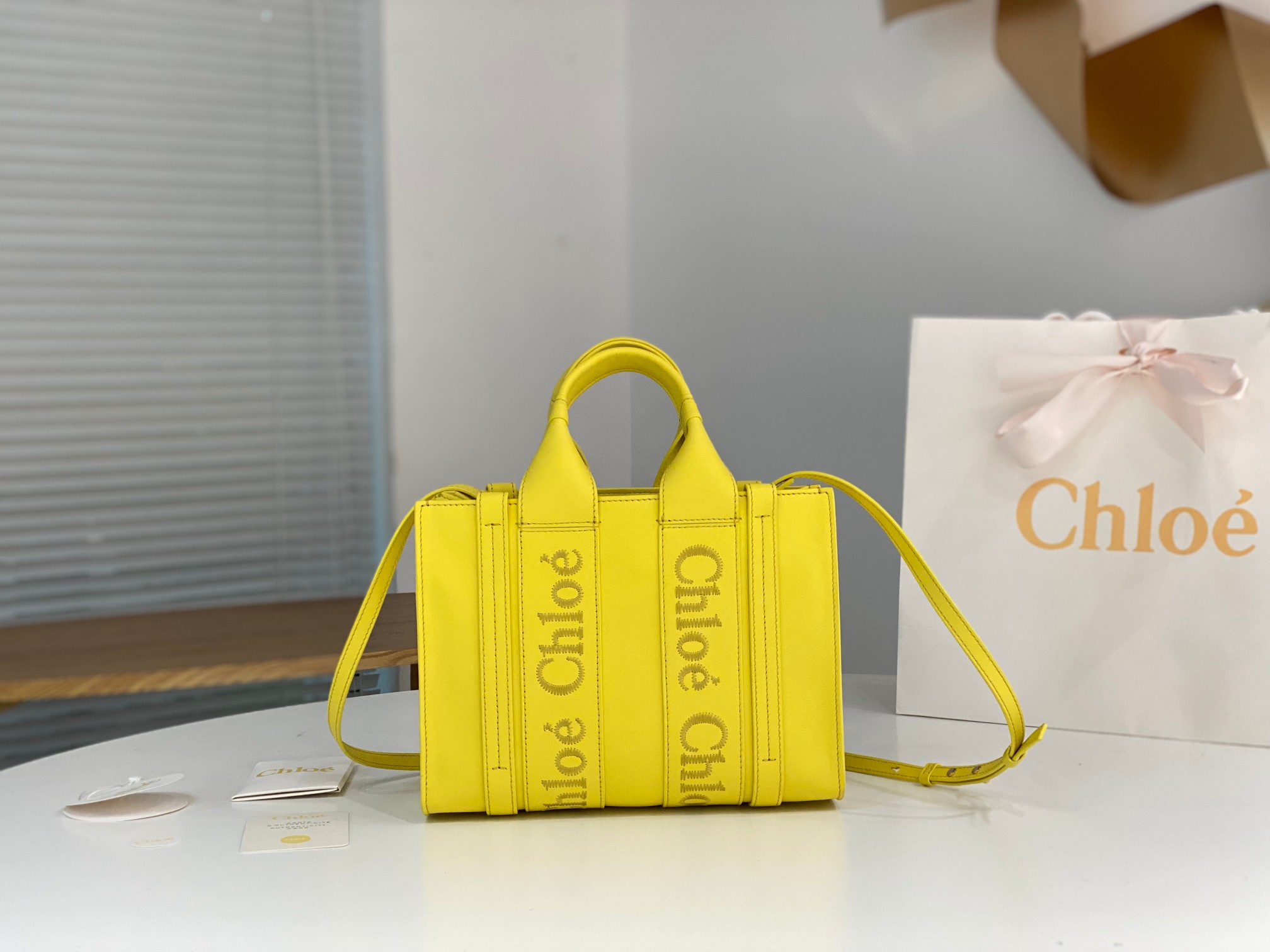 Chloe Small Woody Tote Bag In Yellow Soft Smooth Calfskin Leather